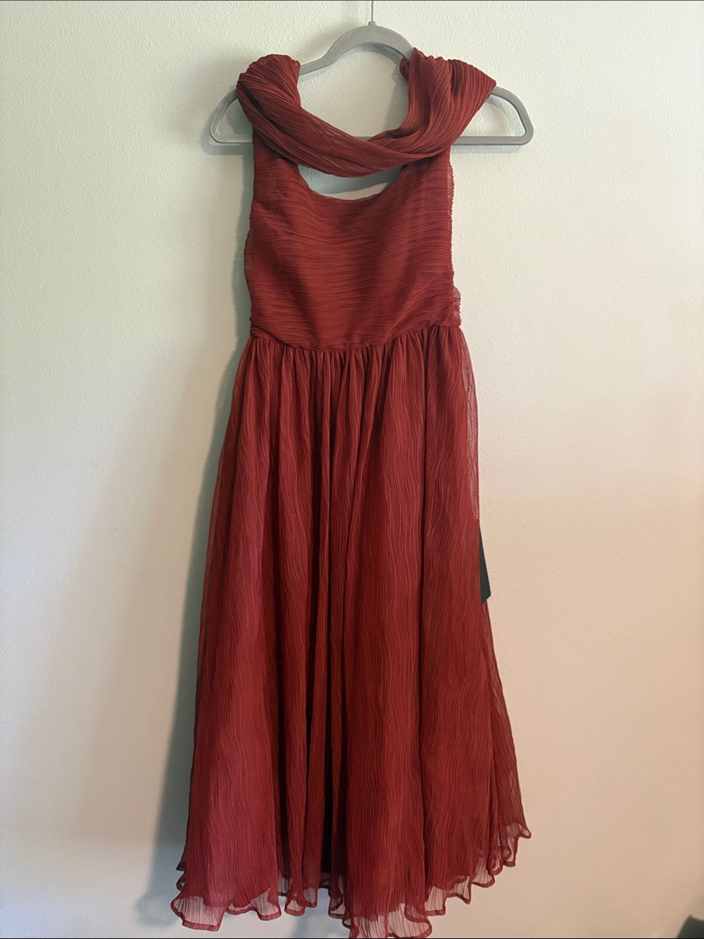 Lulu's Rust Red Pleated Maxi Dress with Scarf Neck